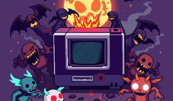 تصویر کنسول NES قدیمی در فضایی ترسناک با هیولاهای پیکسلی