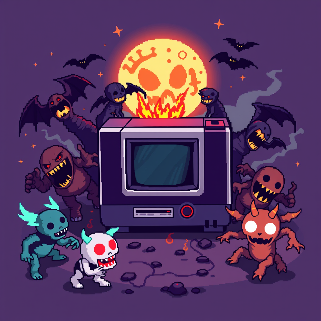 تصویر کنسول NES قدیمی در فضایی ترسناک با هیولاهای پیکسلی