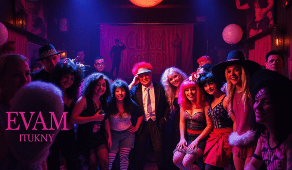 Rocky Horror inspired midnight horror scene with eccentric costumes and atmospheric lighting