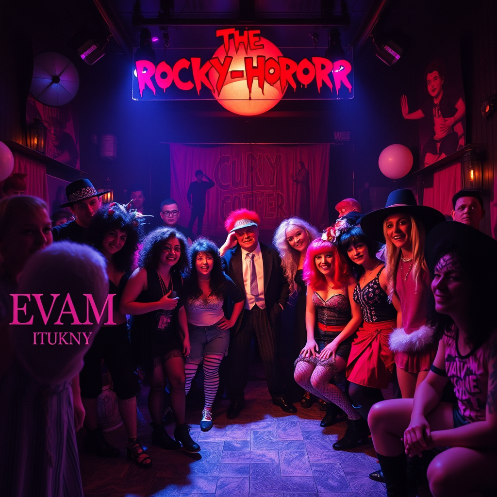Rocky Horror inspired midnight horror scene with eccentric costumes and atmospheric lighting