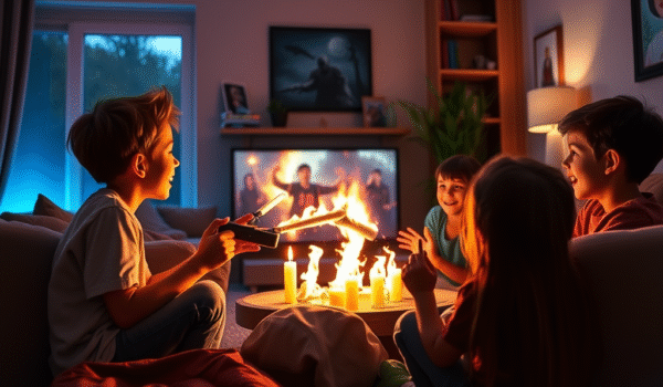 A group of kids and tweens enjoying kid-friendly horror movies in a cozy, animated setting