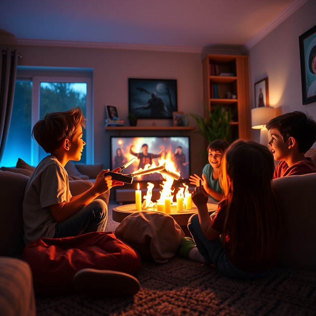A group of kids and tweens enjoying kid-friendly horror movies in a cozy, animated setting