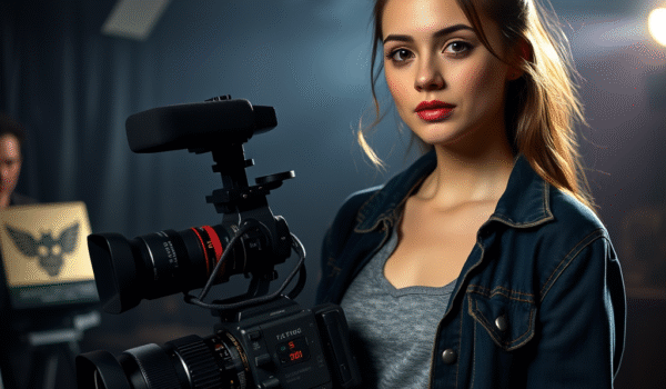 Aeris Danet, young female horror director for NEBULOUS, on a film set with horror-themed decorations and festival awards