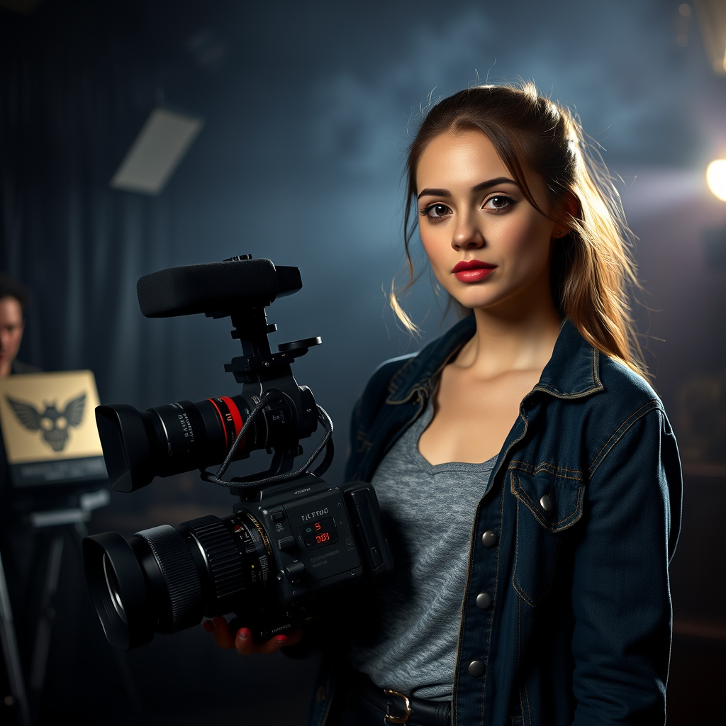 Aeris Danet, young female horror director for NEBULOUS, on a film set with horror-themed decorations and festival awards