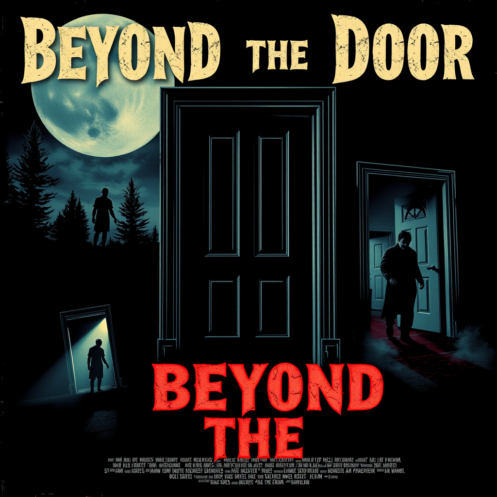 Beyond the Door trilogy retro horror poster with demonic doors and possession themes