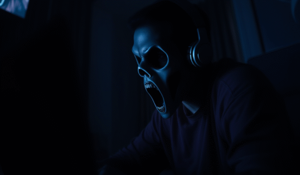 A horror gamer streaming livescream-style in a dark, suspenseful setting