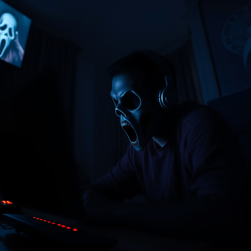 A horror gamer streaming livescream-style in a dark, suspenseful setting