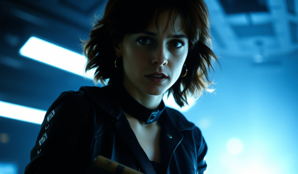 Sigourney Weaver as Ellen Ripley confronting an alien in a dark sci-fi scenario