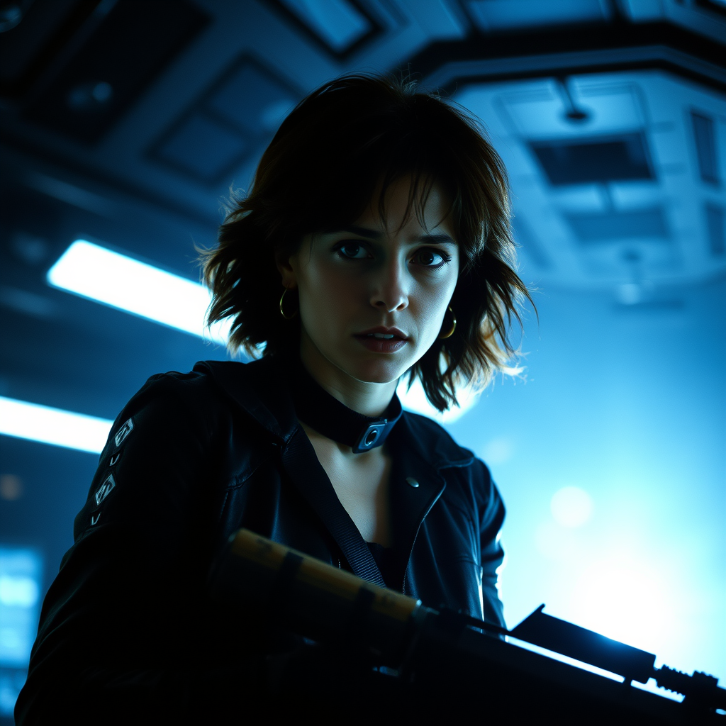 Sigourney Weaver as Ellen Ripley confronting an alien in a dark sci-fi scenario