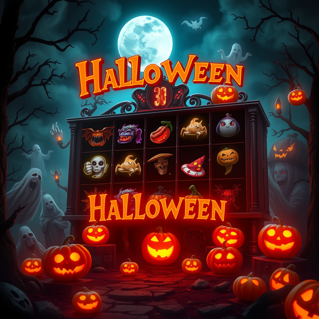 Halloween slot machine, horror symbols, ghost figures, and Halloween 2025 gaming scene