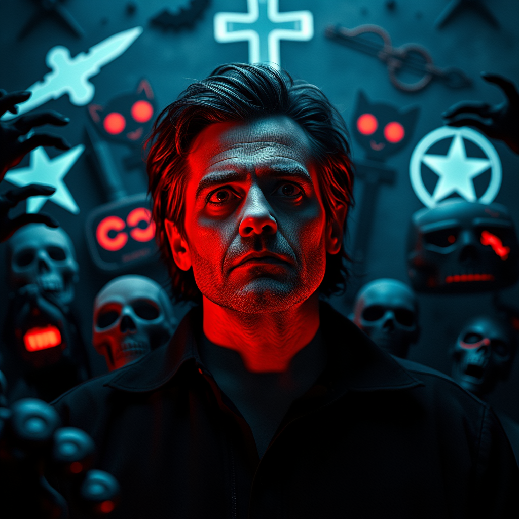 Jason Blum with legendary horror franchise elements in a cinematic, dark setting