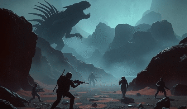 Sci-fi predator alien hunting on dangerous planet, inspired by Predator: Badlands