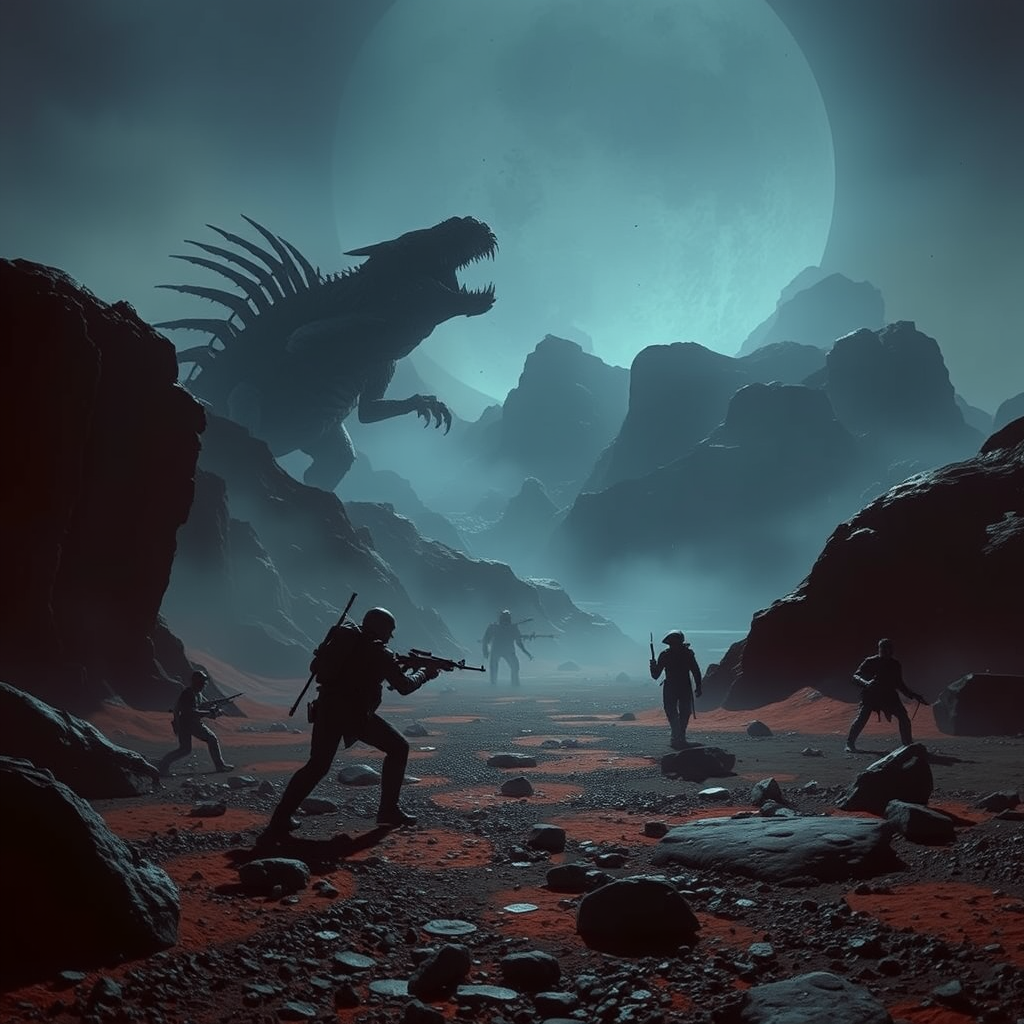 Sci-fi predator alien hunting on dangerous planet, inspired by Predator: Badlands