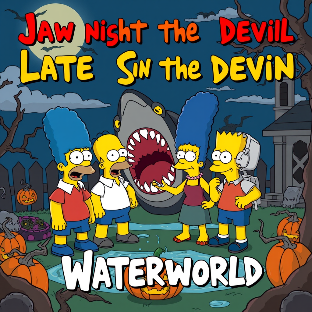The Simpsons Halloween episode parodying horror classics Jaws, Waterworld, and Late Night with the Devil