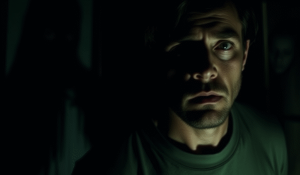 Adult character experiencing psychological terror in a suspenseful horror movie scene