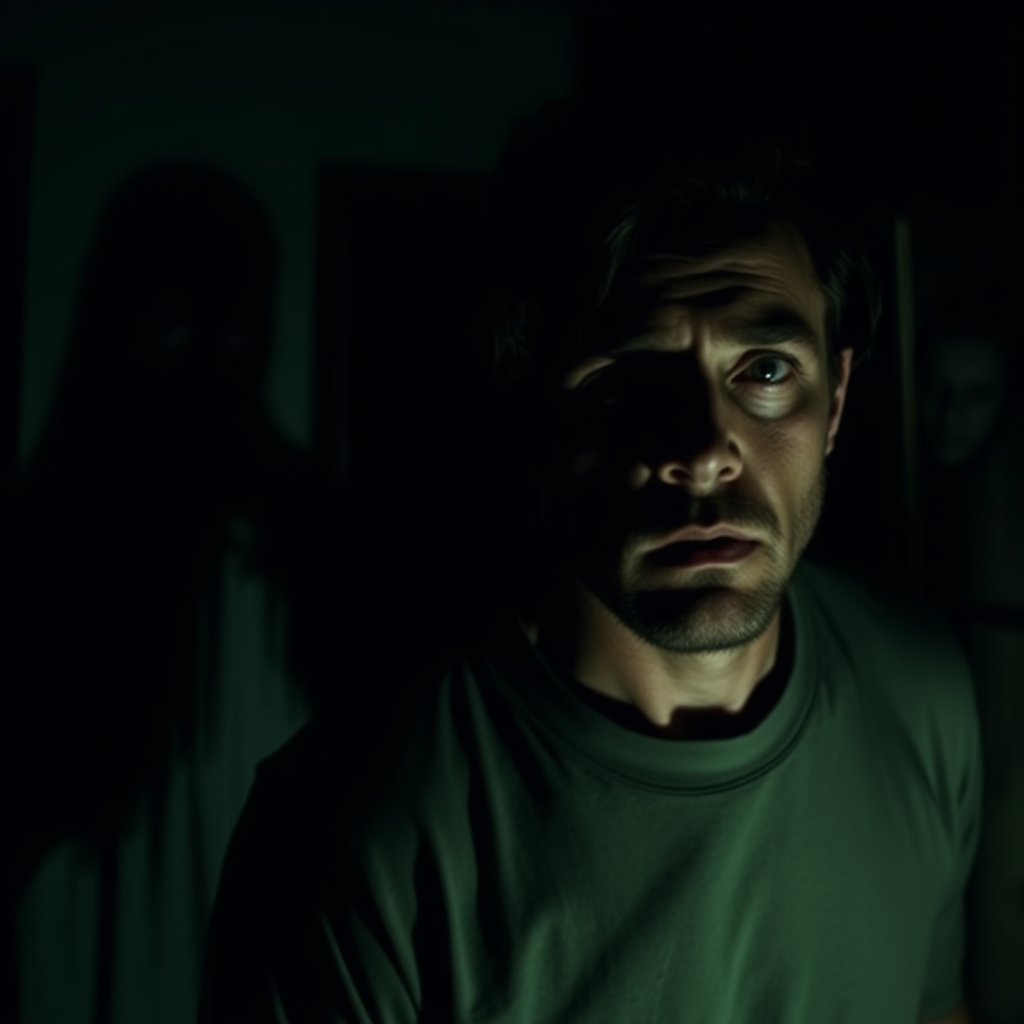Adult character experiencing psychological terror in a suspenseful horror movie scene