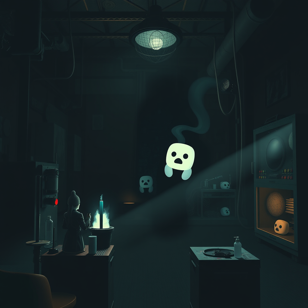 Marshmallow 2025 movie scene combining scientific equipment and horror elements