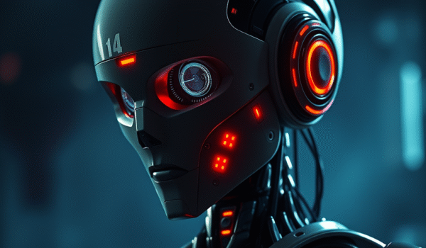 AI robot M3GAN in a suspenseful horror scene, highlighting psychological and technological themes