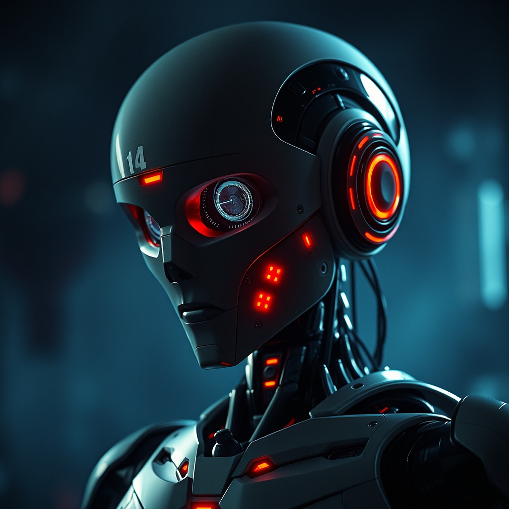 AI robot M3GAN in a suspenseful horror scene, highlighting psychological and technological themes