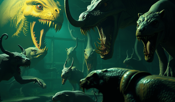 Mutated animals in a horror-themed zoo setting from the video game Zoochosis on Xbox