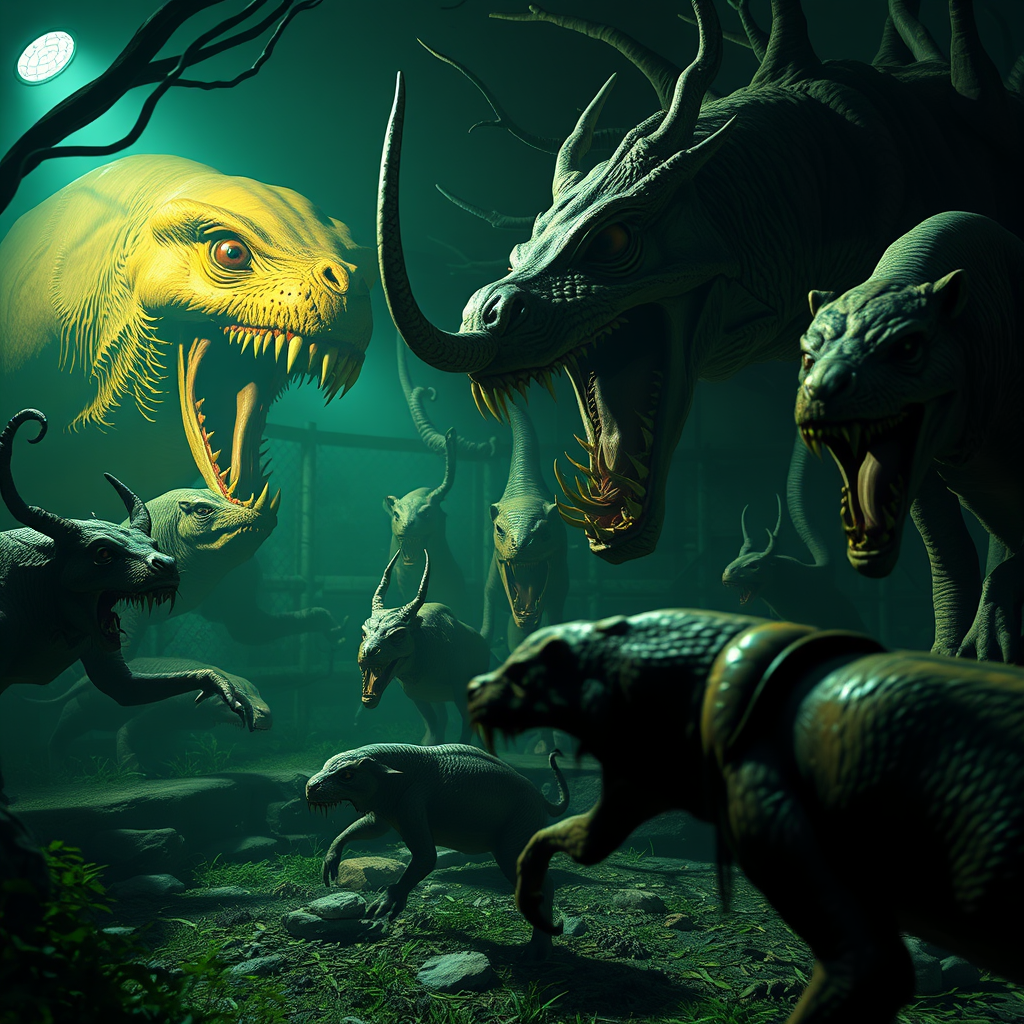 Mutated animals in a horror-themed zoo setting from the video game Zoochosis on Xbox